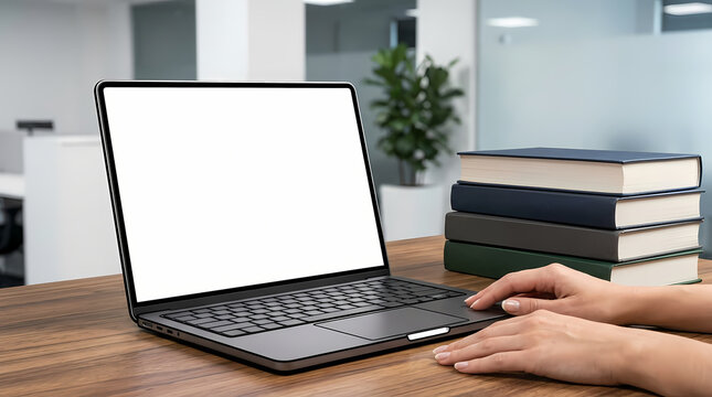 Open Laptop with Blank Screen and Stack of Books on Office Desk