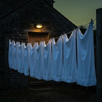 Washday Laundry Hanging on a Stone Cottage Clothesline at Dusk