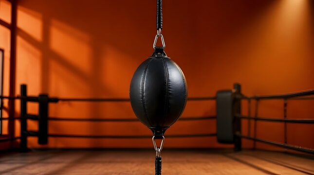 Black leather speed bag hanging in a professional boxing gym ring