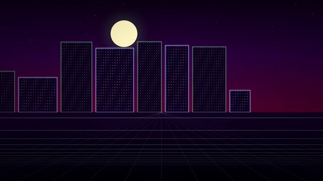 A full moon illuminates the gridlined buildings of a retro digital cityscape set against a gradient purple night sky.