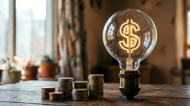 Glowing Dollar Sign Light Bulb with Money Coins on Wooden Table