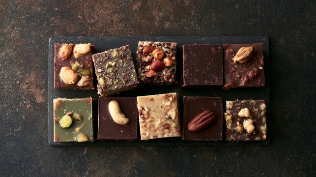 Sweet chocolate nut snacks displayed on rough surface, viewed from above