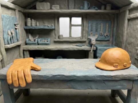 Hardhat and gloves in a clay workshop safety scene