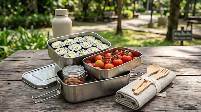 Sustainable Bento Box Lunch Outdoors: A bento box lunch filled with fresh sushi, cherry tomatoes, and nuts, set on a wooden table in a lush outdoor setting.