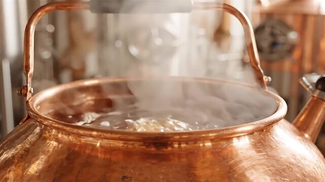Copper Kettles Boiling with Steam, Showcasing a Distilling Process in a Factory Setting. Industrial Brewing Equipment, Close-Up View.