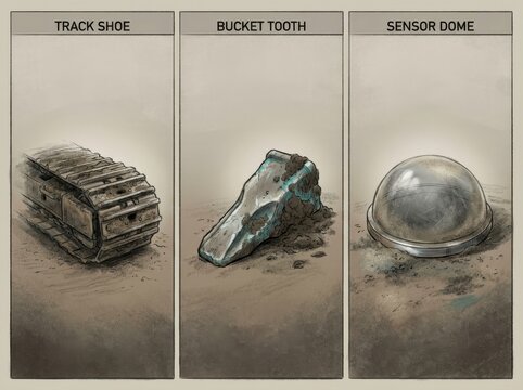 Excavator Parts Technical Illustration of Track Shoe and Sensor Dome