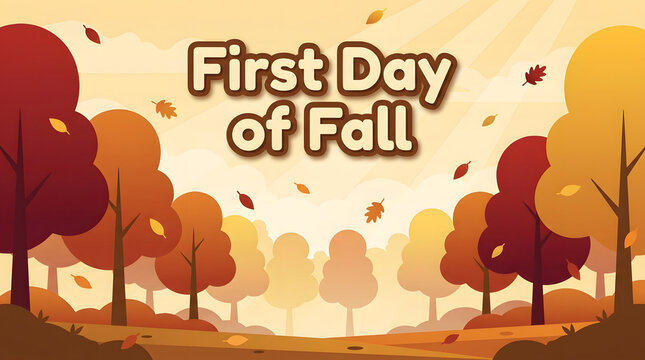 First day of fall text banner with colorful autumn trees and falling leaves
