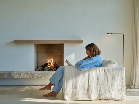 Relaxed woman in blue loungewear reading a book in a soft white armchair beside a glowing fireplace.