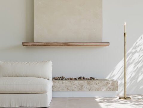 Minimalist fireplace with white boucle chair and tall candle in bright neutral interior