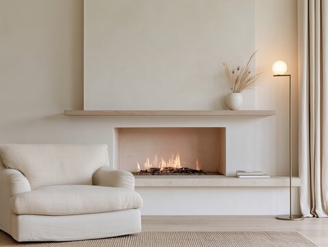 Modern fireplace with white armchair and globe floor lamp in minimalist interior