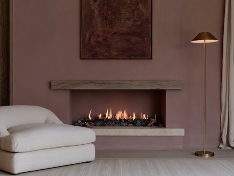 Modern fireplace with white boucle chair and floor lamp in dusty rose living room