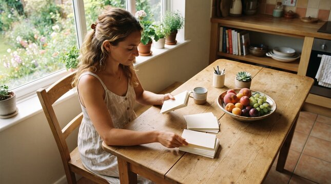 Young woman sorting through stacks of blank cards at a wooden kitchen table