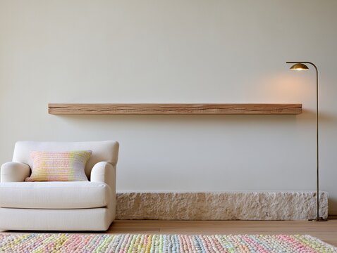 White boucle armchair with colorful pillow in bright minimalist living room