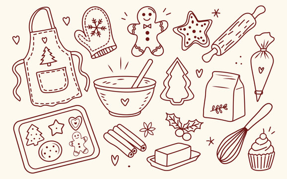 Christmas Baking Doodle Set with Apron, Cookies, Gingerbread, Rolling Pin and Baking Tools, Hand Drawn Holiday Flat Vector