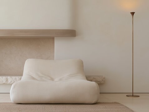 Sculptural white boucle chair with minimalist fireplace and floor lamp