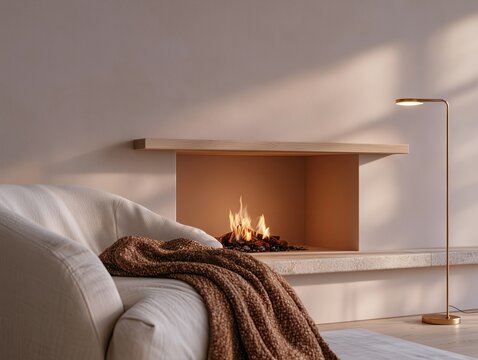 Cozy modern fireplace with white sofa and brown blanket in warm minimalist interior