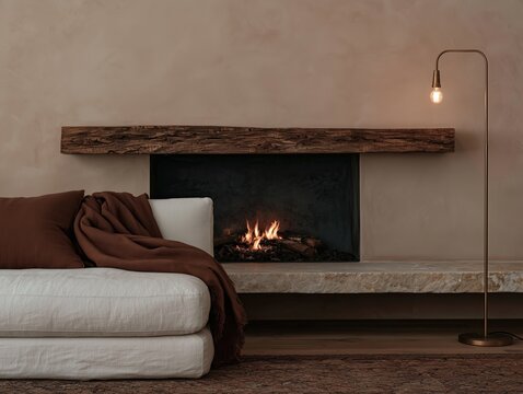 Cozy fireplace with white sofa and brown blanket in warm minimalist living room