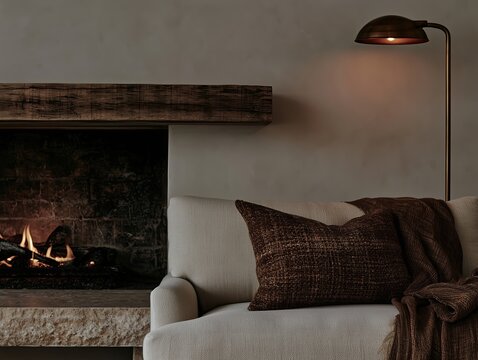 Cozy armchair with brown pillow and blanket beside rustic fireplace