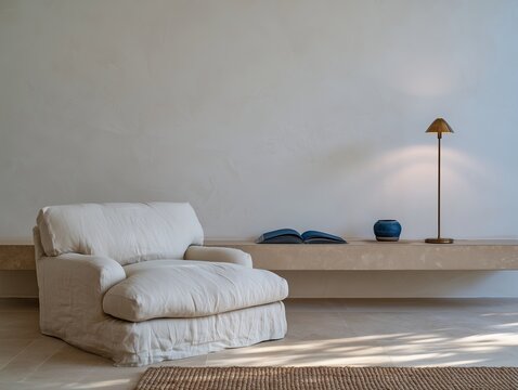 White lounge chair with open book and table lamp in serene minimalist interior