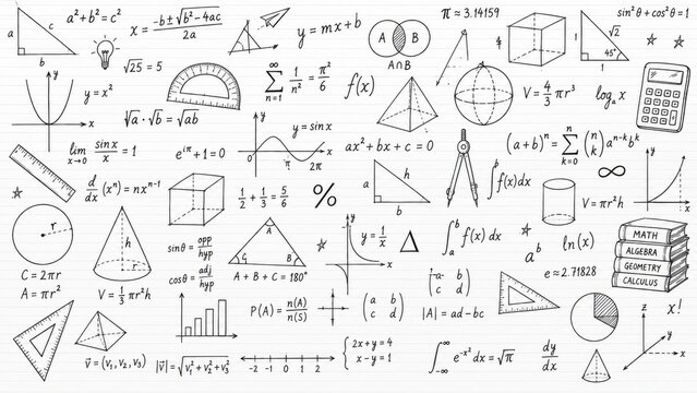 Hand Drawn Mathematics Formulas Geometry Equations And School Doodles