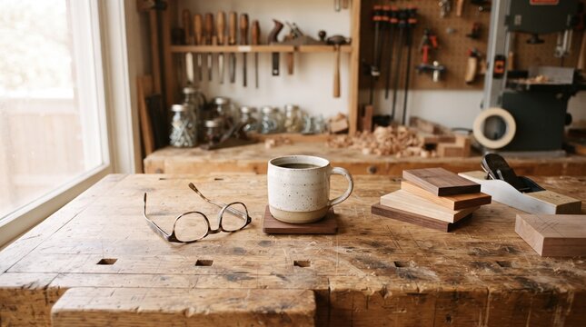 Coffee break in a woodworking shop with tools and materials on the bench