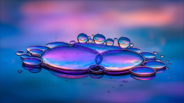 of contrasting chemical liquids touching without immediately blending, surface tension details, crisp reflections, conceptual scientific image