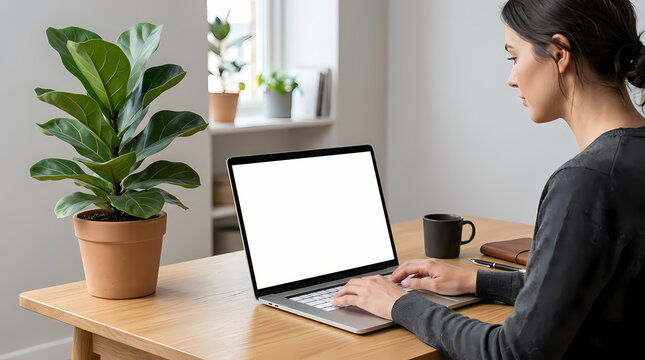 Woman Working on Blank Screen Laptop at Home Office Desk