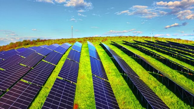 Rows of solar panels under open sky. Aerial view of communication tower, fence line and scattered white clouds.