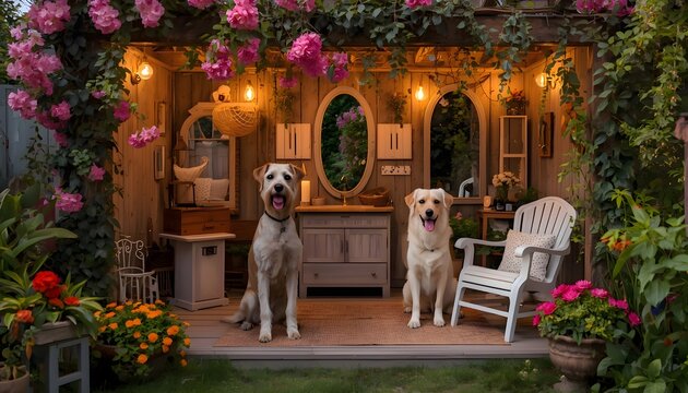 Two Happy Dogs Sitting in Luxurious Backyard Pet Salon Decorated with Flowers