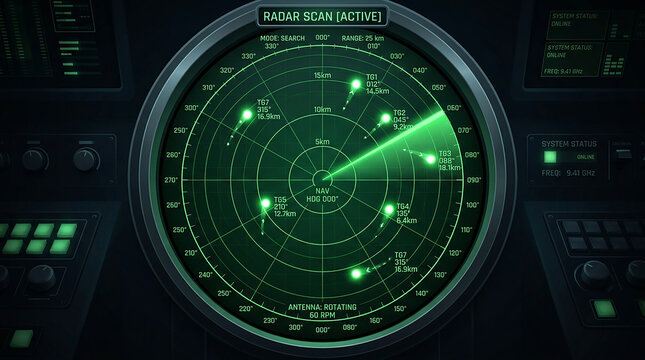 Radar Screen Tracking Multiple Targets: A detailed close-up of a green radar screen displaying multiple detected objects.