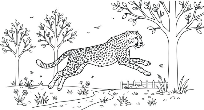 Detailed black and white vector illustration of a cheetah or leopard jumping and running in a forest landscape