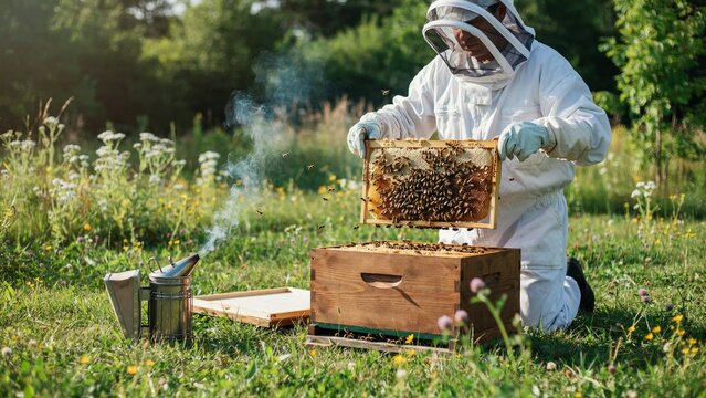 Beekeeper in a white suit lifting a honeycomb frame from an open hive in a green meadow