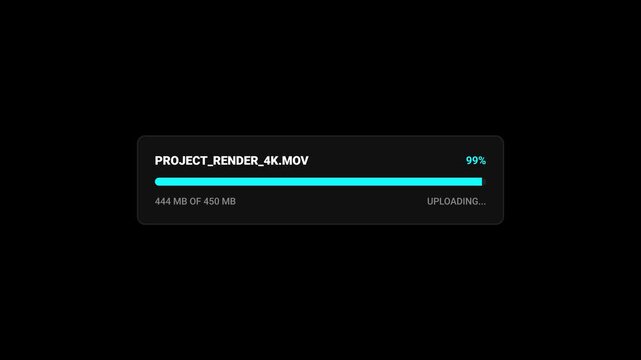 File upload complete progress bar animation with cyan line and one hundred percent status concept