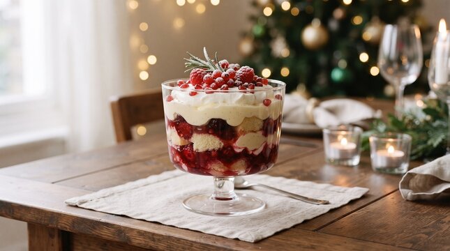 Festive berry trifle with cream and sponge cake served at Christmas dinner