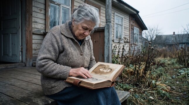 Elderly woman looking through a vintage family photo album on the porch of an old house