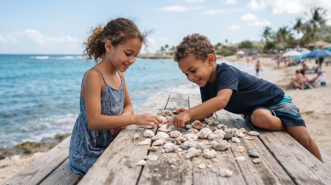 Mixed heritage siblings happily explore seashells on a sunny beach picnic table
