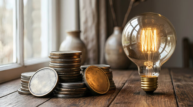 Glowing Light Bulb Next To Stacks Of Coins On A Wooden Table