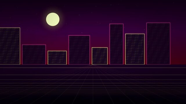 A glowing full moon floats above a neon outlined city skyline set against a deep purple and magenta retro sunset horizon.