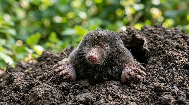 Mole emerging from underground burrow in lush green forest soil.
