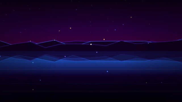 The image displays a stylized landscape formed by glowing geometric mountains under a dark starry sky.