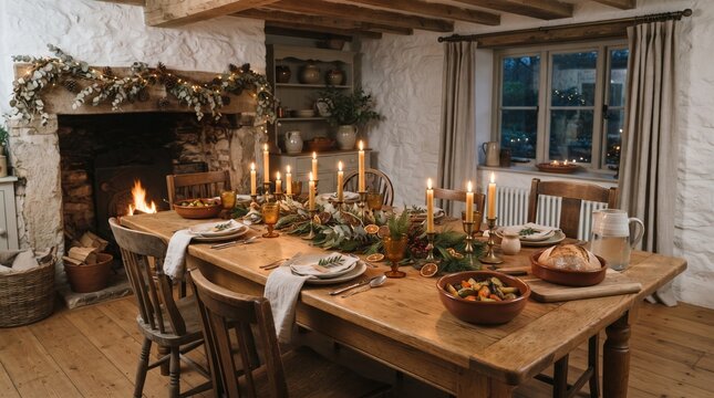 Cozy farmhouse dining room set for a festive holiday meal with a fireplace