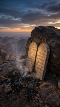 Ancient moral instruction: divine commandment, sacred edict, eternal rule, biblical code, holy dictate, spiritual guide, rock tablet, mountain sunrise, desertscape view, smoke plume.