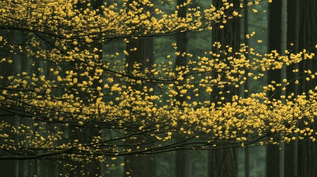 Bright yellow tree limbs bloom against a green wood backdrop.