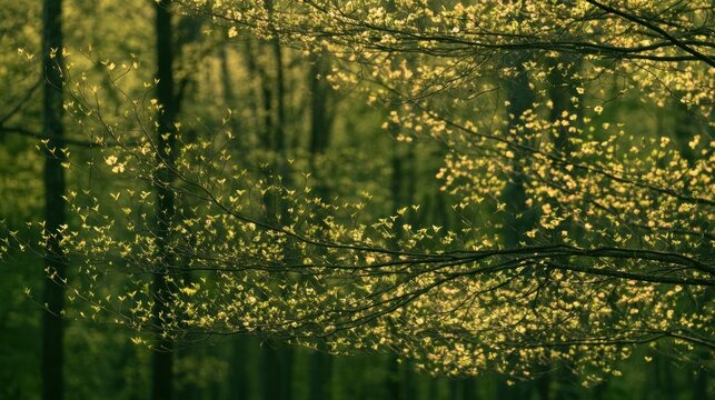 Bright yellow tree limbs bloom against a green wood backdrop.