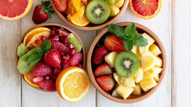 Sweet, colorful fruit bowls on white wood surface