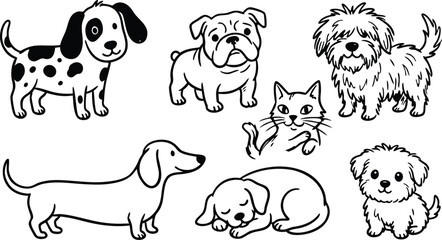Obraz premium A collection of cute hand drawn black and white sketches featuring various breeds of dogs and a small kitten illustration