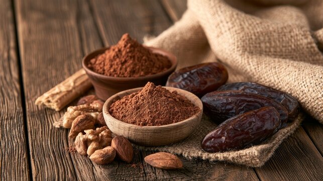 Healthy chocolate smoothie ingredients for weight loss or detox. Cocoa, nuts, dates on wood.