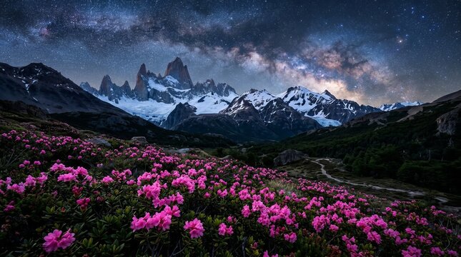 Stunning Nighttime Mountain Landscape with Blooming Flowers.