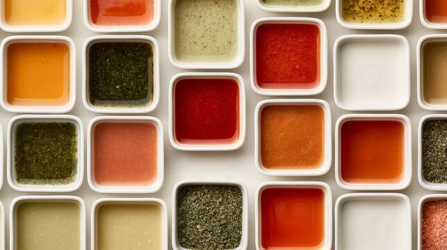 Different condiments arranged in white dishes against a plain background.