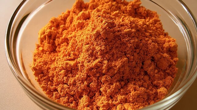 Diwali festival colors: orange powder in a clear bowl, open space for design